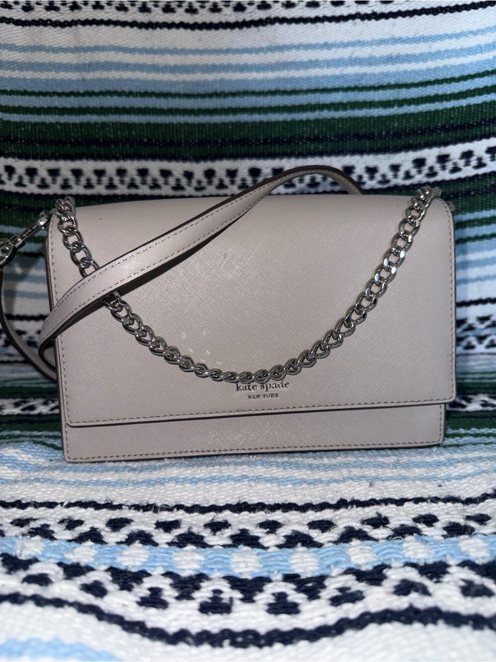 kate spade taupe leather crossbody with silver chain
